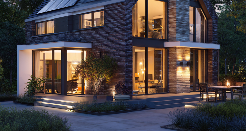 Een moderne Nederlandse woning met zichtbare duurzame kenmerken zoals zonnepanelen, een warmtepomp buiten en goed geïsoleerde ramen